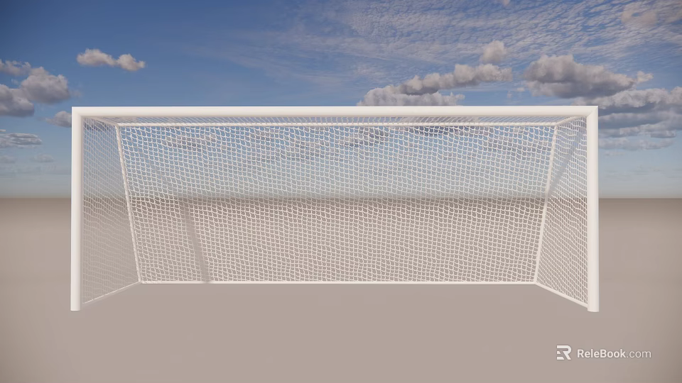 Football Field with White Goalpost Net Under Blue Sky and White Clouds 3d model 