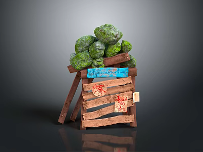 Stack of Green Stones on Wooden Crate with Blue Label Red Patterns and Small Sign 3d model