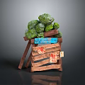 Stack of Green Stones on Wooden Crate with Blue Label Red Patterns and Small Sign