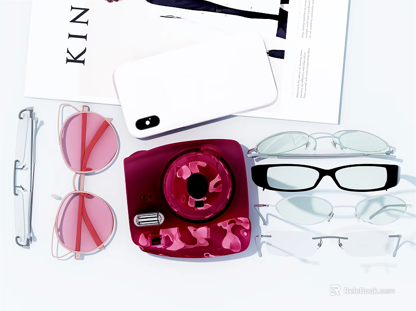 Stylish Jewelry Accessories with Sunglasses Camera and Fashion Magazine Display Items 3d model 