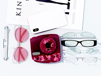 Stylish Jewelry Accessories with Sunglasses Camera and Fashion Magazine Display Items 3d model
