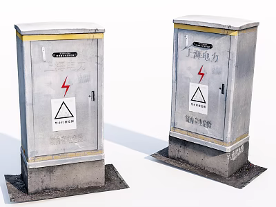 Industrial Electrical Distribution Boxes With High Voltage Warning Signs And Metal Enclosures On Concrete Bases 3d model