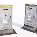 Industrial Electrical Distribution Boxes With High Voltage Warning Signs And Metal Enclosures On Concrete Bases