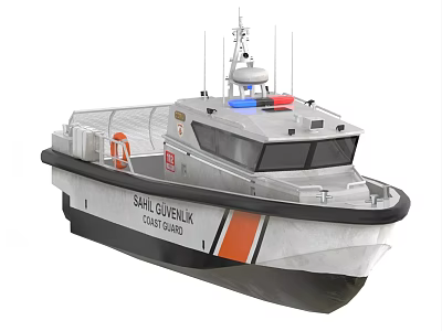 Coast Guard Patrol Boat with Blue Red Lights White Hull Orange Stripe and Radar Antennas 3d model