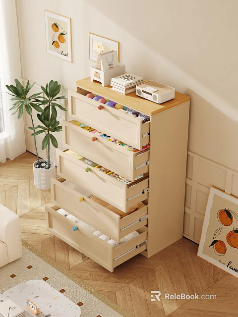 Beige Dresser with Colorful Knobs Top Books White Box Green Plant and Wooden Floor 3d model 