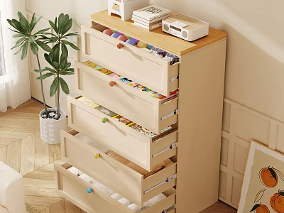 Beige Dresser with Colorful Knobs Top Books White Box Green Plant and Wooden Floor 3d model