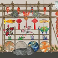 Traditional Chinese Decorative Display With Bamboo Structure Lanterns Paper Umbrellas And Ornaments