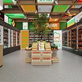 Fruit Store Interior Featuring Checkout Counter Fruit Displays Green Orange Decor Signs And Center Tree