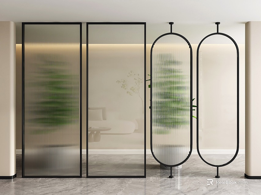 Modern Glass Room Divider Design With Black Metal Frame And Green Plants 3d model 