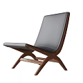 Black Leather Upholstered Lounge Chair with Brown Wooden Frame and Modern Cross Leg Design
