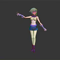3D Model Female Character With Blonde Hair In Blue And White Outfit Holding Black Object