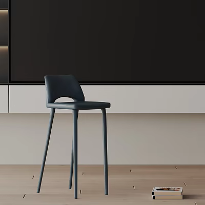 Sleek Contemporary Dark Blue Bar Stool With Clean Lines Against Light Cabinet And Wooden Floor 3d model