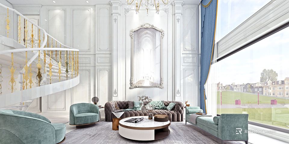 Elegant Duplex Living Room Interior With Golden Spiral Staircase White Paneled Walls And Ornate Mirror 3d model 