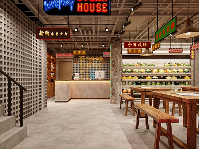Nostalgic Industrial Style Hot Pot Restaurant Interior Design With Wooden Dining Sets And Food 3d model