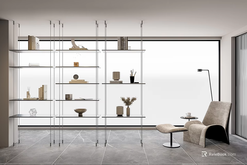 Modern Minimalist Home Interior With Glass Metal Shelving Unit And Decor Items 3d model 