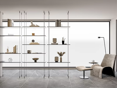 Modern Minimalist Home Interior With Glass Metal Shelving Unit And Decor Items 3d model