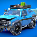 Blue Modified Off Road Car With Roof Rack Luggage And Canvas Covered Trailer