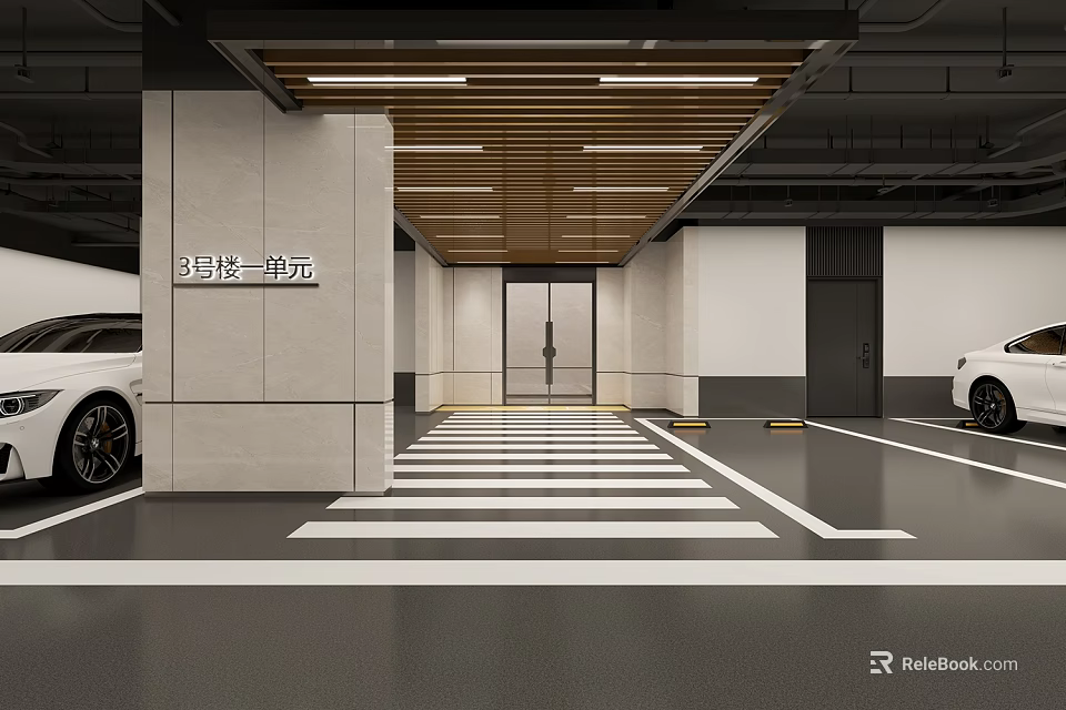 Modern Parking Garage With White Cars Central Zebra Crossing Unit Entrance And Wooden Ceiling Design 3d model 