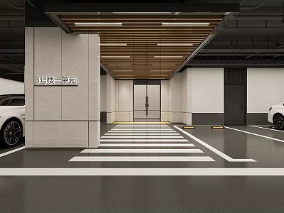 Modern Parking Garage With White Cars Central Zebra Crossing Unit Entrance And Wooden Ceiling Design 3d model