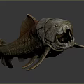 Fantasy Armored Fish Creature 3D Render With Open Mouth And Textured Orange Gray Body