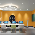 School Modern Classroom With Yellow Walls Multiple Computers Desks And Whiteboard 3d model