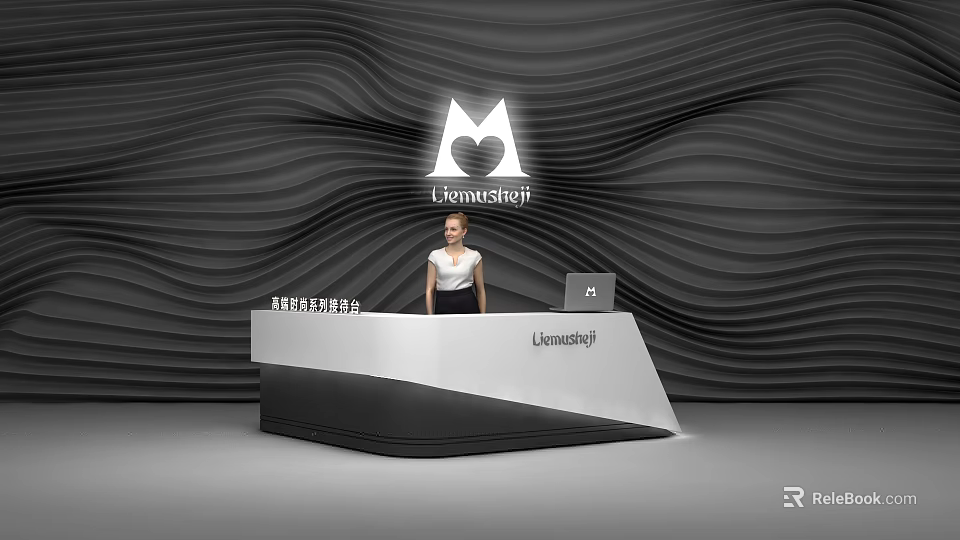 Modern Reception Desk Interior Design With Wavy Wall Background Receptionist Laptop And Signage 3d model 