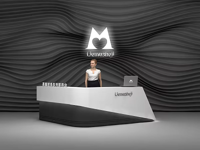 Modern Reception Desk Interior Design With Wavy Wall Background Receptionist Laptop And Signage 3d model