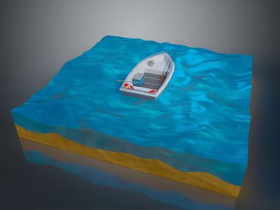 3D Model Scene Of Small Boat Floating On Blue Wavy Water With Yellow Seafloor 3d model