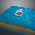 3D Model Scene Of Small Boat Floating On Blue Wavy Water With Yellow Seafloor