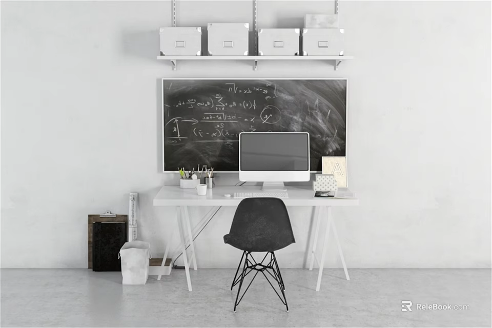 Modern Desk Interior With Blackboard Computer Monitor Chair White Shelves Storage Boxes And Stationery 3d model 