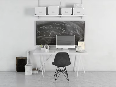 Modern Desk Interior With Blackboard Computer Monitor Chair White Shelves Storage Boxes And Stationery 3d model