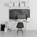 Modern Desk Interior With Blackboard Computer Monitor Chair White Shelves Storage Boxes And Stationery