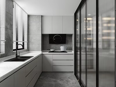 Modern Kitchen Interior Design With White Cabinets Countertop Black Faucet And Glass Sliding Doors 3d model
