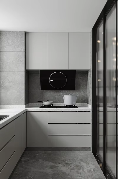 Modern Kitchen Interior Design With White Cabinets Countertop Black Faucet And Glass Sliding Doors 3d model