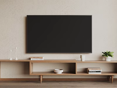 Modern Wooden TV Stand with Books Plant and Glass Vases on Light Wall Background 3d model