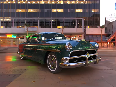 Vintage Green Car On Urban Street With City Background 3d model