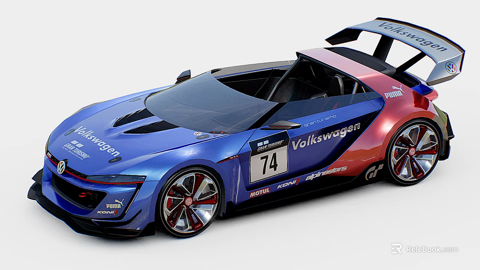 Volkswagen Race Car With Blue Red Gradient Body 74 Number Aerodynamic Design And Rear Wing 3d model 