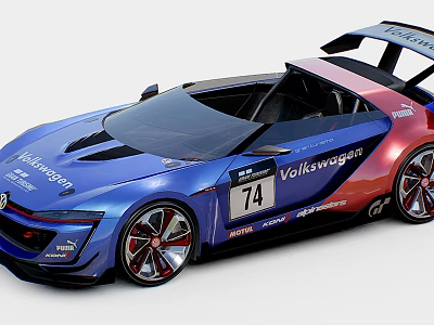 Volkswagen Race Car With Blue Red Gradient Body 74 Number Aerodynamic Design And Rear Wing 3d model