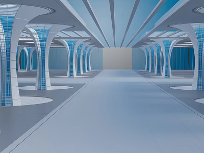 Futuristic Sci Fi Corridor With Arched Structures Blue White Tones Spacious Design 3d model