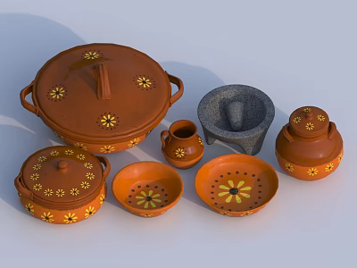 Terracotta Ceramic Vessels with Yellow Floral Patterns Including Lidded Pots Mortar Bowls and Plates 3d model