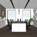 Public Office Space With Long White Conference Table Black Chairs White Bookshelves And Wooden Flooring