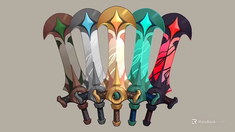 Diverse Colored Fantasy Sword Collection With Unique Designs And Ornate Hilt Details 3d model 