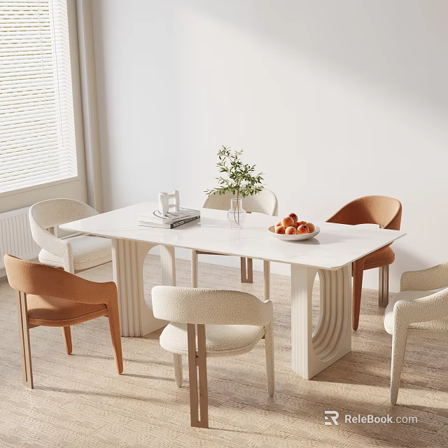 Modern Dining Table Set With White Top Mixed Chairs Fruit Bowl Book And Green Plant 3d model 