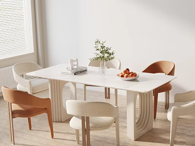 Modern Dining Table Set With White Top Mixed Chairs Fruit Bowl Book And Green Plant 3d model