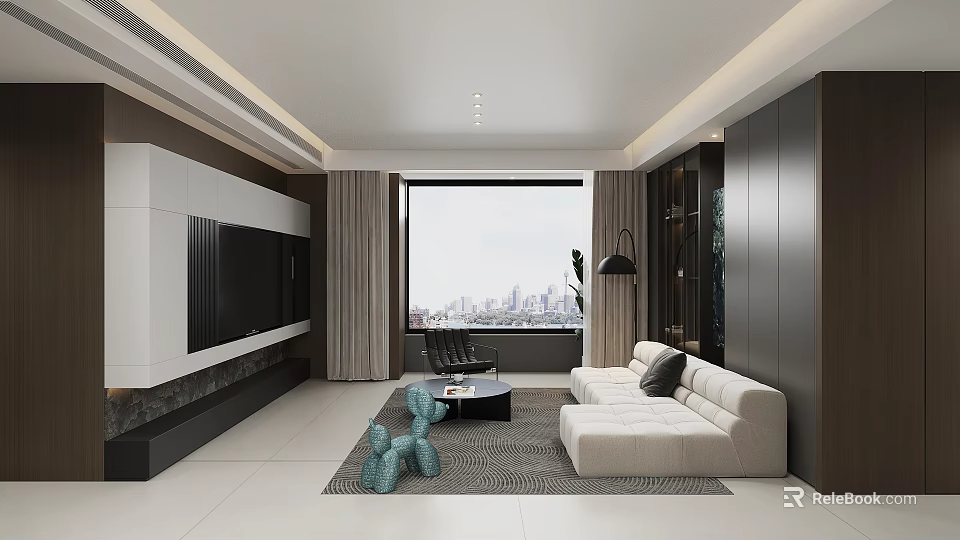 Modern Living Dining Room Interior With White Sofa TV Wall Rug And City View Window 3d model 