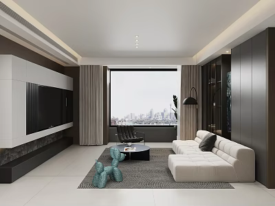 Modern Living Dining Room Interior With White Sofa TV Wall Rug And City View Window 3d model