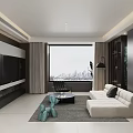Modern Living Dining Room Interior With White Sofa TV Wall Rug And City View Window