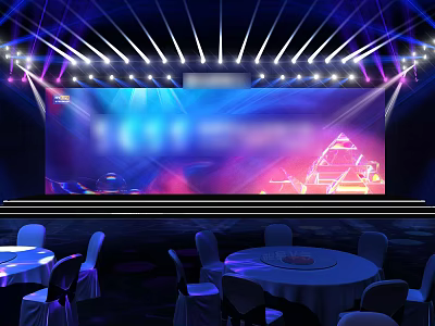 Colorful Stage Setup With Bright Lights LED Backdrop Screen And Round Tables 3d model