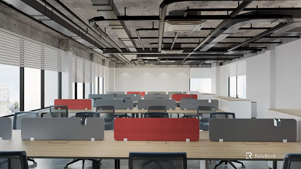 Modern Public Office Interior With Open Layout Red Gray Partitions Desks Chairs And Windows 3d model 
