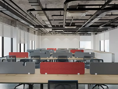Modern Public Office Interior With Open Layout Red Gray Partitions Desks Chairs And Windows 3d model